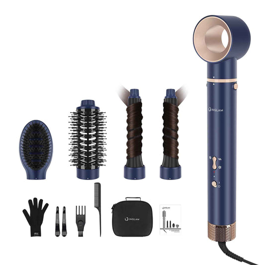 5 in 1 Blow Dryer Brush IG INGLAM MegaAir Hair Styler Brushless Hair Dryer Brush Left/Right Air Auto-Wrap Curler Hot Air Brush Negative Ions No Heat Damage Frizz-Free Drying Curling, Prussian Blue
