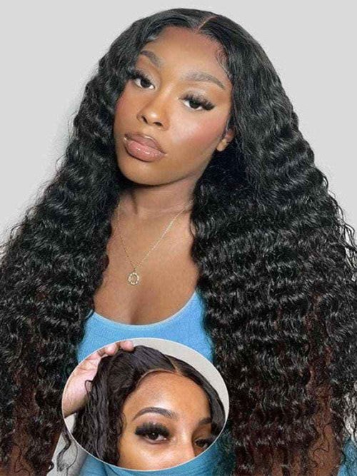 FACMOOD Wear and Go Glueless Wig Deep Wave, Glueless Wigs Human Hair Pre Plucked Pre Cut, 6x4 SKINLIKE Real HD Lace Front Closure Ready to Wear Wig Loose Curl 200% Density 22 inch
