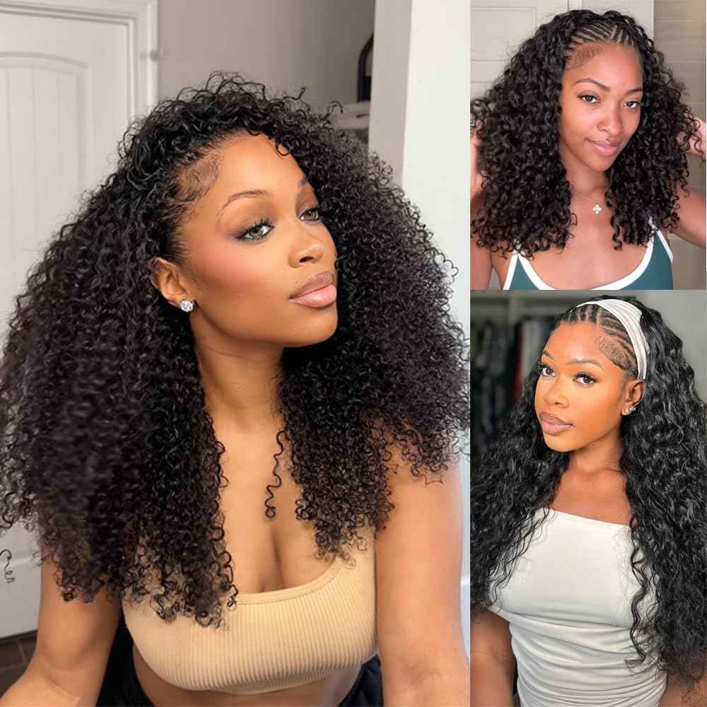 Kinky Curly Half Wig Human Hair 200% Density 3 In 1 Seamless Clip Ins Flip Over Half Wig Wear and Go Glueless Wigs Human Hair for Women Drawstring Headband Wig Beginner Friendly (Black, 20 Inch)