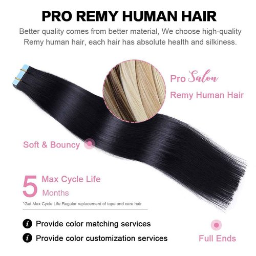 SUYYA Tape in Hair Extensions Human Hair Black Straight 20 Pcs/Pack 50g Tape in Extensions 24 inch Jet Black #1