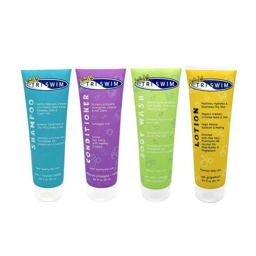 TRISWIM Kids After Swim Value Pack of 4 Travel Mesh Bag + Swim Care Chlorine Removal Body Wash + Swimming Lotion + Swim Shampoo and Conditioner 8.5 fl oz Keep your Little Swimmers Clean and Healthy