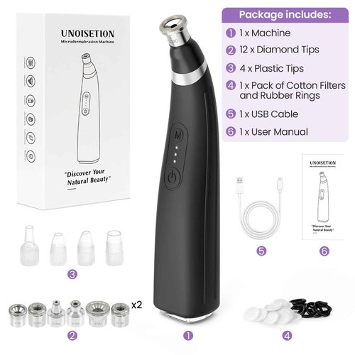Diamond Microdermabrasion Machine, UNOISETION Rechargeable Micro Dermabrasion Facial Tool with 12 Diamond Tips, Blackhead Remover for Home Travel