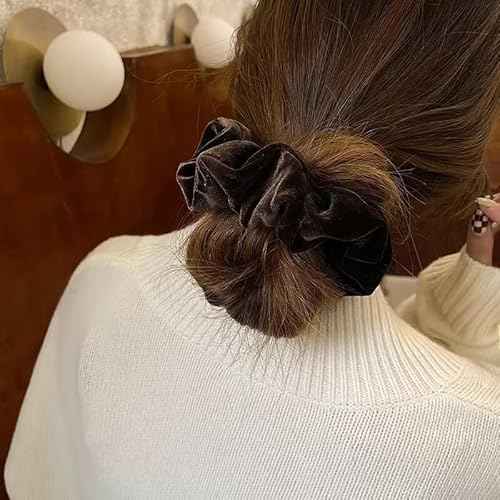 Velvet Scrunchies for Women Girls 4Pcs Large Brown Black Scrunchies Long Thick Curly Hair Soft Hair Bands Neutral Scrunchie Cute Ponytail Holders No Damage Elastic Hair Ties Hair Accessories