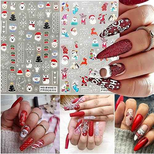 6Sheets Christmas Nail Stickers for Nail Art, 3D Snowflake Nail Decals Cute Cartoon Elk Santa Claus Snowman Penguin Deer Snowflakes Nail Art Stickers for Xmas Winter Decal New Year Manicure Decor