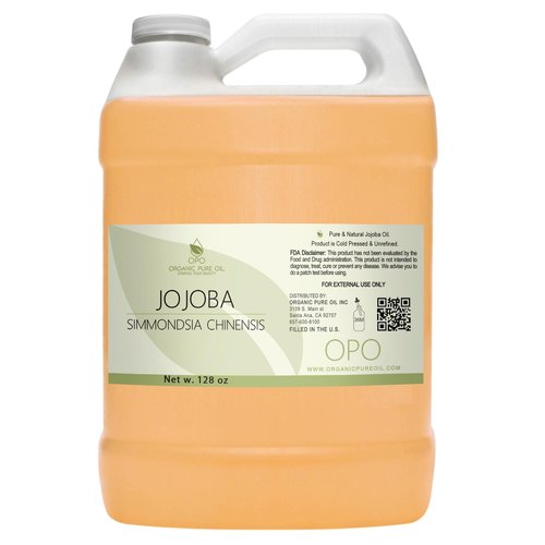 Golden Jojoba Oil - Pure Cold Pressed, Non-GMO, Bulk 128 oz - 1 Gallon Hohoba Carrier Oil for DIY, Formulations, Essential Oils, Cleansing, Moisturizer for Face, Hair, Body, by Organic Pure Oil
