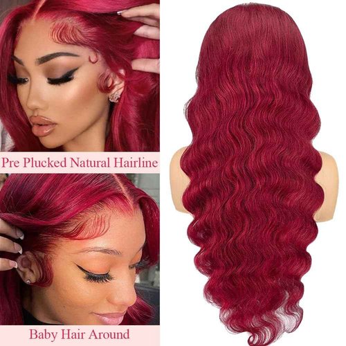 We WON! 22 Inch 13x6 99j Burgundy Lace Front Wigs Human Hair Body Wave 200 Density HD Transparent Frontal Wigs Pre Plucked Glueless Red Wig for Women 100% Unprocessed Brazilian Remy Virgin Hair