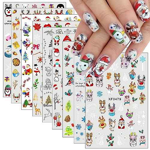 10 Sheets Christmas Nail Art Stickers, 3D Snowflake Nail Decals Cute Cartoon Elk Santa Claus Snowman Penguin Deer Snow Nail Design Xmas Winter Nail Stickers for New Year Holiday Manicure Decoration