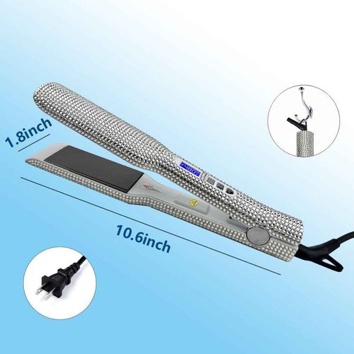 Hair Straightener Ceramic Flat Iron with Gorgeous Rhinestone Bling Crystal Diamond, 2 in 1 Hair Straightener and Curler, 60 Min Auto Shut Off, LCD Temp Display,1.6in Widen Ceramic Plates (White)