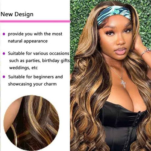 Comfair Ombre Headband Wig Human Hair #4/27 Highlight Body Wave Headband Wig Glueless None Lace Front Wig Brazilian Virgin Human Hair Wigs for Black Women Wear andGo Wig 180% Density 18 inch