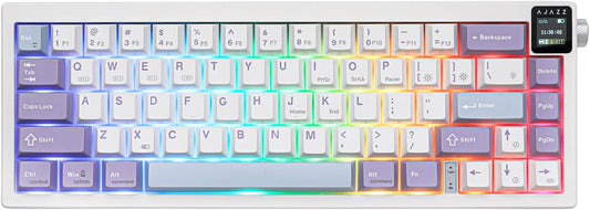 AJAZZ AK650 65% Gasket Mechanical Keyboard, 3 Modes Wireless Gaming Keyboard with 0.85'' TFT Screen & Knob, Hot Swappable, 5000 mAh Battery, Flex-Cut Plate & PCB, RGB (White Purple)