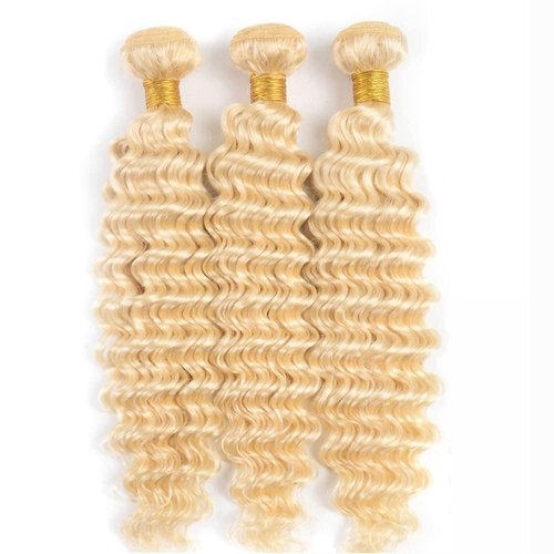#613 Blonde Bundles Deep Wave Bundles Human Hair 30 32 34 Inch Unprocessed Brazilian Virgin Weave Hairs Honey Blonde 3 Bundle 50 Gram Per Bundle Human Hair Extensions