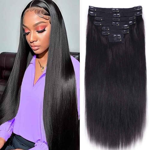 Clip in Hair Extensions Real Human Hair Straight Brazilian Human Hair Clip in Extensions 8Pcs 120g Silky Straight Remy Hair Clip ins for Women (26inch, #1B Natural Black)