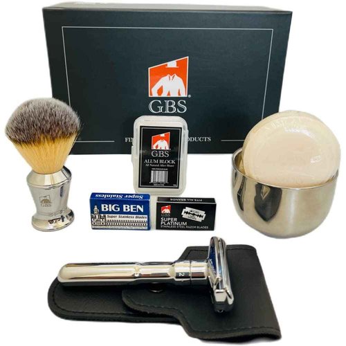 G.B.S Men's Shaving Set, Double Edge Safety Razor, Shaving Brush, Shaving Bowl, Soap, Leather Case, 20 Blades