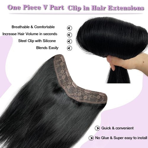 Jet Black One Piece Clip-In Hair Extension - 20 Inch V Shape Hairpiece With 5 Secure Clips, Silky Straight PU Weft for Women