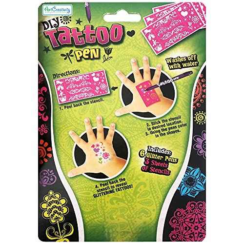 ArtCreativity Shimmery Temporary Tattoo Pens for Kids, 4 Pack, Each Pack with 6 Tattoo Markers & 3 Stencil Stickers, Washable Tattoo Body Ink, Sparkle Girls Fashion Activity, Sparkly Tats Body Art Set