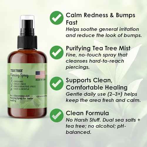 Wacan Advanced Tea Tree Piercing Spray, Saline Aftercare Piercing Cleaner for Bumps & Irritation, Alcohol-Free pH-Balanced, Safe for Ears Nose Belly