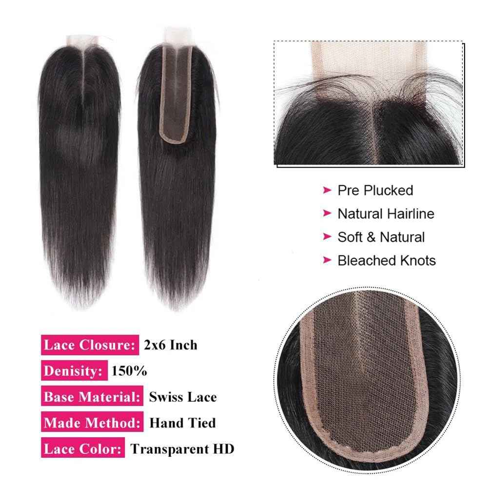 12A Straight Bundles with 2x6 Closure Human Hair 10 12 14 with 10 Inch 100% Unprocessed Brazilian Virgin Human Hair Weave Bundles with 2x6 HD Lace Closure