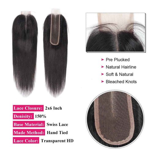 12A Straight Bundles with 2x6 Closure Human Hair 18 20 22 with 16 Inch 100% Unprocessed Brazilian Virgin Human Hair Weave Bundles with 2x6 HD Lace Closure