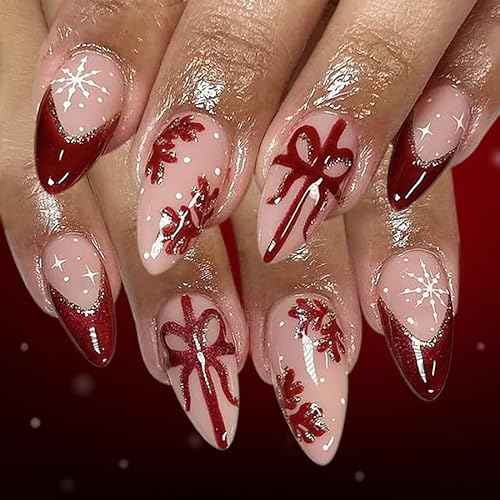 24Pcs Christmas Press on Nails Medium Square French Tip Fake Nails Snowflakes Gold Glitter Glossy Design Winter Glue on Nails Christmas False Nails Coffin Nails Tip Full Cover Acrylic Nail for Women