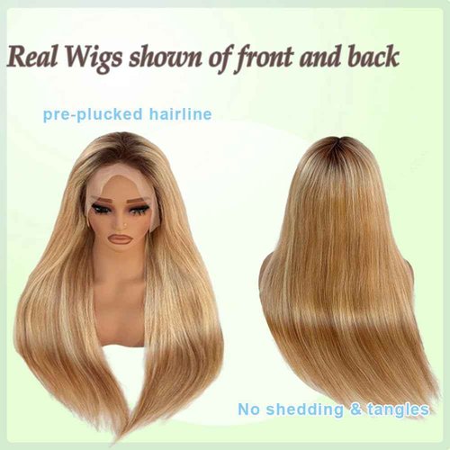 Blonlier 13x6 Medium brown/Golden Brown to Bleach Blonde Highlights Straight Lace front Wigs Human Hair 22in for Black Women HD Lace Glueless Pre Plucked 180% Density Brazilian Virgin Human Hair 22in