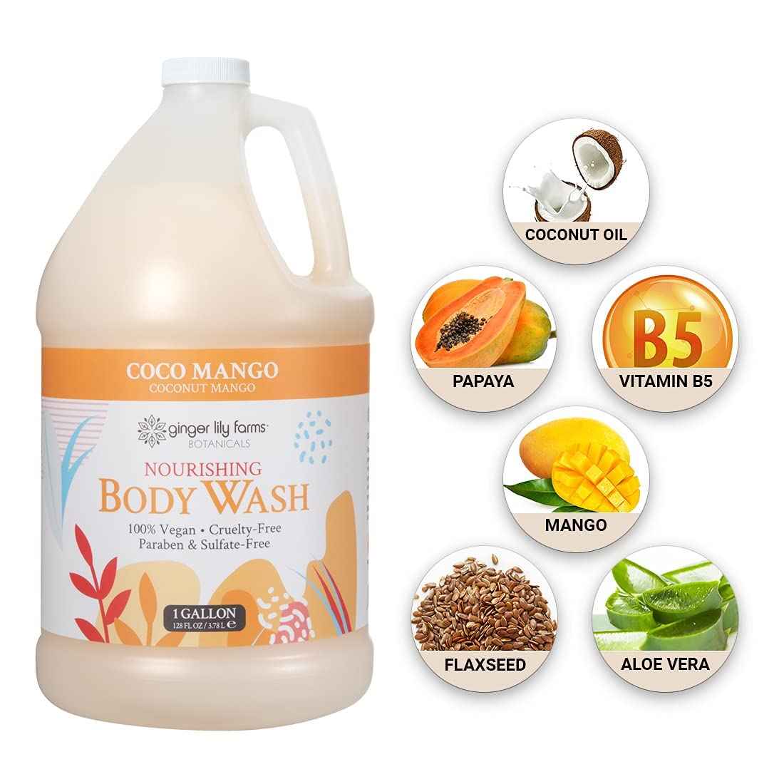 Ginger Lily Farms Botanicals Nourishing Body Wash, Coco Mango, 100% Vegan & Cruelty-Free, Coconut Mango Scent, 1 Gallon Refill 128 Ounce (Pack of 4)