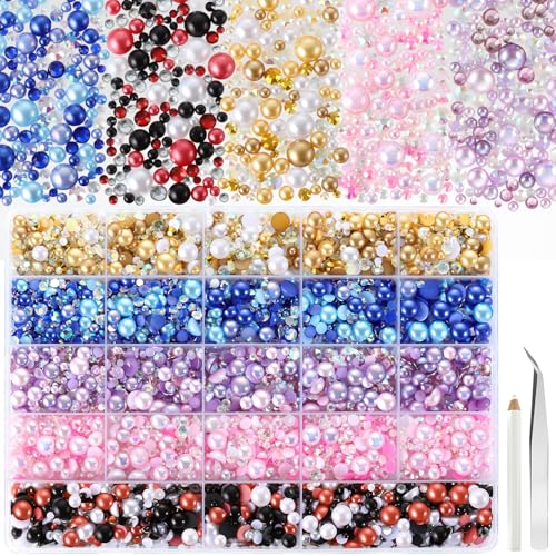 250g Flatback Pearls and Rhinestones for Bedazzling, 5 Colors Flat Back Pearls and Sequins for Crafting, 3mm-8mm Bedazzler Gems Kit for DIY Nail Shoes Clothes Tumblers Art