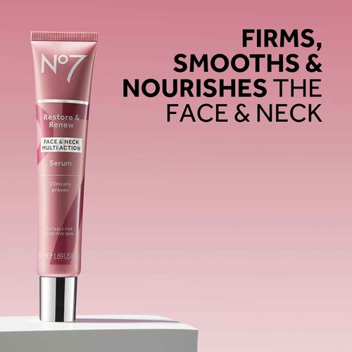 No7 Restore & Renew Face & Neck Multi Action Skincare System - SPF 30 Day Cream with Vitamin C & Collagen Peptides + anti-Aging Facial Serum + Hyaluronic Acid Hydrating Night Cream (3 Piece Kit)