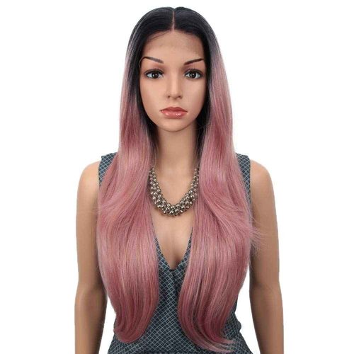 Joedir 28" Long Straight 13x4 Lace Frontal Wigs for Black Women Free Part Lace Front Wigs with Baby Hair Natural Hairline Ombre Black Root Easy-360 Synthetic Hair Wig Heat Resistant Fiber (Ombre Pink