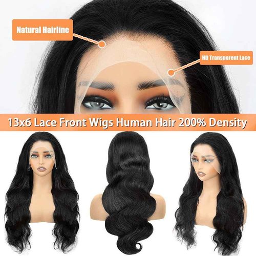 Aoque Body Wave Lace Front Wigs Human Hair 13x6 HD Lace Frontal Wigs Human Hair Pre Plucked with Baby Hair 200 Density Glueless Wig Brazilian Virgin Human Hair for Black Women Natural Color 22 Inch