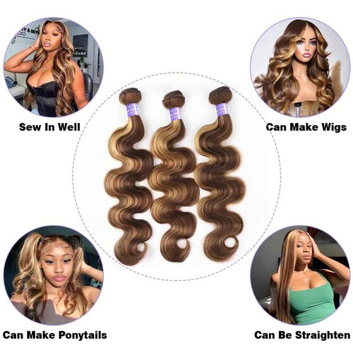 Perstar Ombre Human Hair Bundles Body Wave P4/27 Honey Blonde Bundles Highlight Brown Colored 3 Bundles 14 16 18 Inches 12A 100% Brazilian Virgin Remy Hair Weft