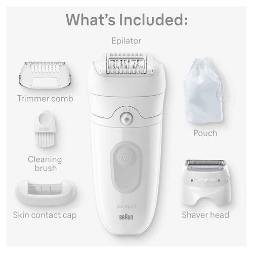 Braun Silk-épil 5 Epilator, Hair Removal Device, Women Shaver & Trimmer, Wet and Dry, Includes Shaver Head and Trimmer Comb, SE5-041, Grey