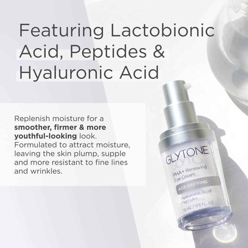 Glytone Age-Defying PHA+ Renewing Eye Cream for Wrinkles| Anti aging Under Eye Cream with Hyaluronic Acid Peptides| Targets Puffiness, Bags, Wrinkles & Dark Circles| Brightening Moisturizer| 0.5 Fl oz