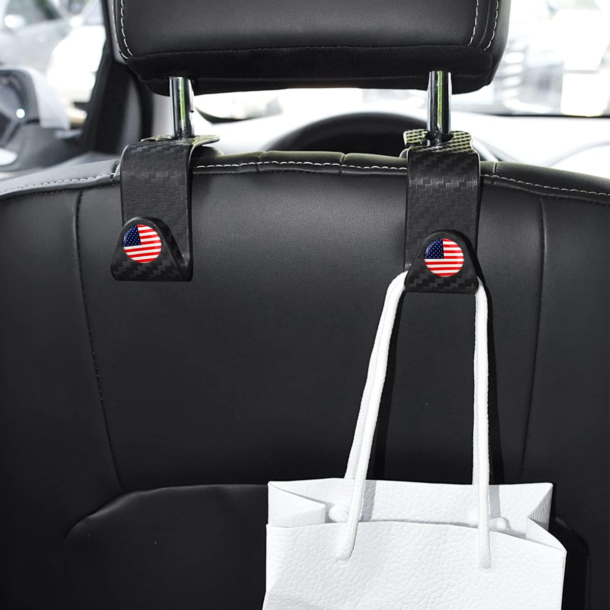 4PCS Car Seat Headrest Hooks, Auto Back Seat Hanger Holder, Durable Stylish Vehicle Organizer Universal Car Interior Accessories, Storage Hooks for Purses, Bags, Clothes, Coats (Carbon Fiber/Red Flag)