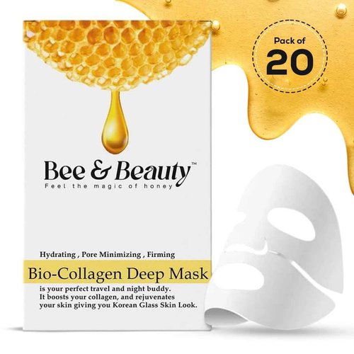 Bee & Beauty Bio Collagen Overnight Mask Pack Of 20 Korean Face Mask For Glass Skin Sheet Mask For Deep Hydration, Pore Minizmizing With Goodness Of Honey