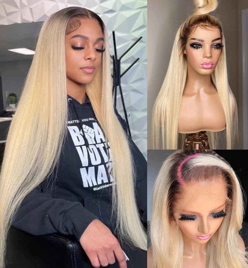 Ombre Blonde Lace Front Human Hair Wig 150% Density 1B613 for Women 13x4 HD Undetectable Melted Lace Frontal Wigs 20Inch Ombre Blonde with Dark Roots Straight Pre Plucked Bleached Knots Wigs