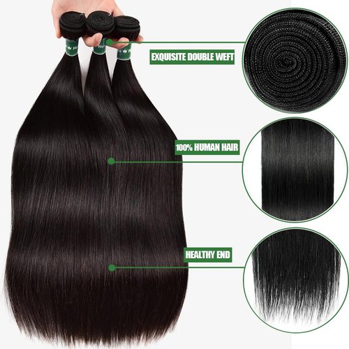 Human Hair Bundles Straight Hair 20 22 24 Inch 3 Bundles Human Hair 100% Unprocessed Brazilian Remy Virgin Hair Extensions Sew In Hair Bundles Natural Black