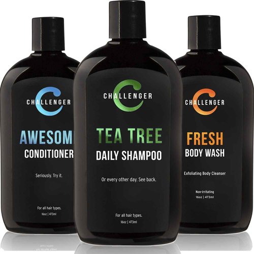 Challenger Men’s Tea Tree Shampoo, Conditioner, & Fresh Body Wash Trio, 3X 16 Oz Bottles | Sulfate Free w/Vitamins, Argan Oil, Biotin | Keratin, Vitamin C, Vitamin D, Protein, No Artificial Colors