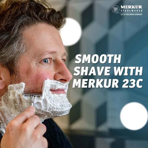 MERKUR 5005 Travel Shaving Set featuring MERKUR 23C Three-piece Safety Razor with Long Handle & Bright Chrome Finish, 10 Double Edge Blades & Black Leather Case | Made In Germany