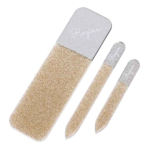 Regine Switzerland 3pc Nano File Set: Professional Heavy Duty Glass Nail Files with Case Kit - Reusable Crystal Fingernail Manicure and Pedicure Tools for Men, Women, and Adults (Gold Shimmer)