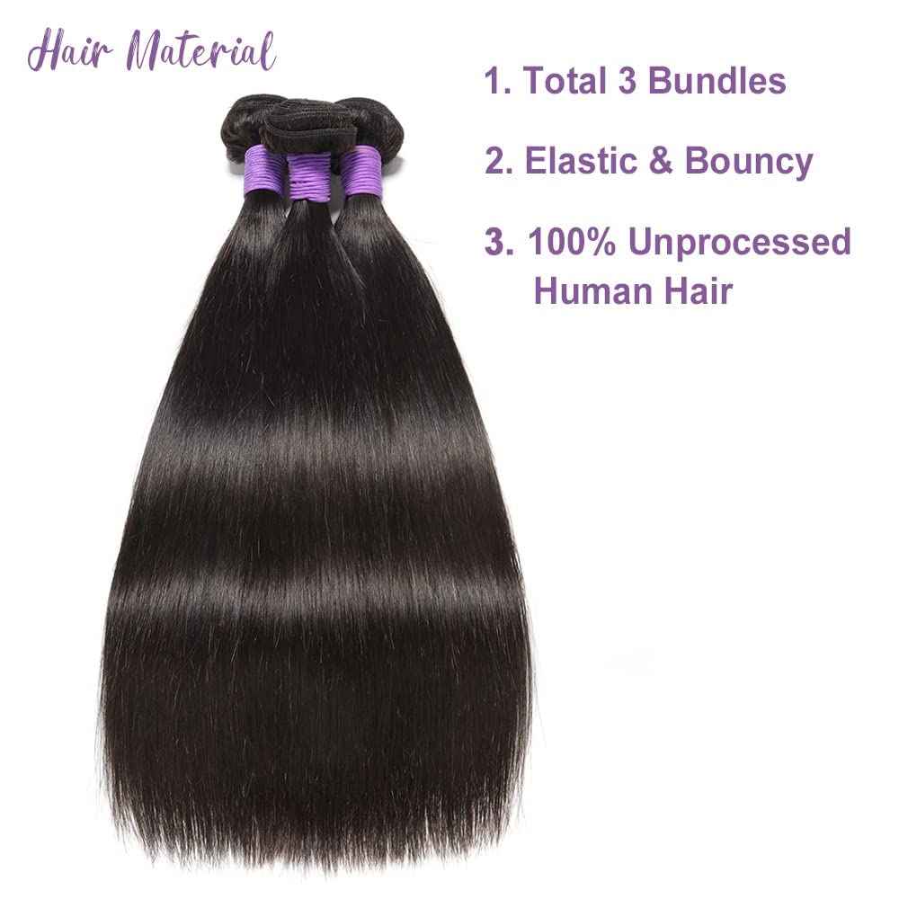 Genrein 10A Peruvian Straight Human Hair 3 Bundles Deals 18 20 22 Inch 100% Unprocessed Virgin Straight Hair Weave Bundles 1B Color for Black Women