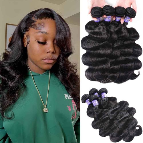 Hullran 12A Human Hair Bundles 14 16 18 18 Inch Body Wave Bundles Human Hair Extensions 400g Unprocessed Brazilian Virgin Body Wave 4 Pieces Deals Brazilian Quick Weave Natural Black Wavy Extensions