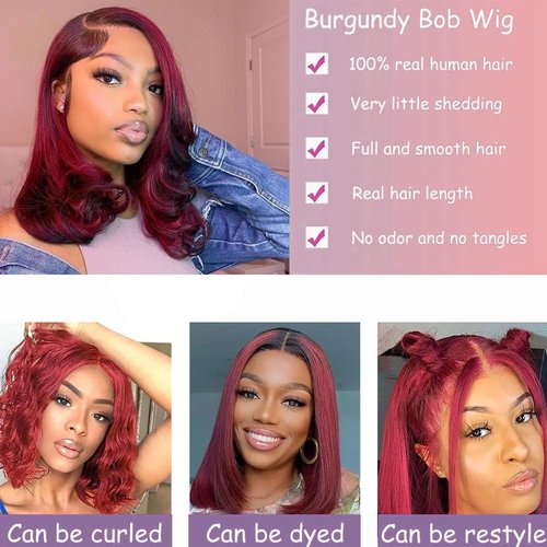 12 Inch 99j Burgundy Lace Front Wigs Human Hair Short Bob Wig Human Hair 13x4 Lace Front Wigs Human Hair Pre Plucked 200 Density Short Straight Bob Wig Natural Hairline Wine Red Wigs for Black Women