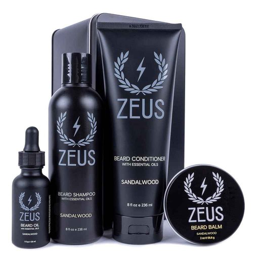 ZEUS Everyday Beard Kit for Men, Facial Hair Shampoo, Conditioner, Oil, Balm & Tin Gift Box, Premium Beard Care & Grooming Set (Made in USA) Sandalwood