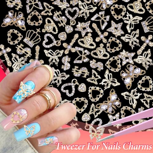 72 Pcs Cross Star Gold Nail Charms, Butterfly Stars Dangle Heart Dollars Crown Golden Nail Gems Charms 3D Star Heart Nail Gems Gold Charms for Nail Art DIY Supplies