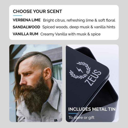 ZEUS Everyday Beard Kit for Men, Facial Hair Shampoo, Conditioner, Oil, Balm & Tin Gift Box, Premium Beard Care & Grooming Set (Made in USA) Sandalwood