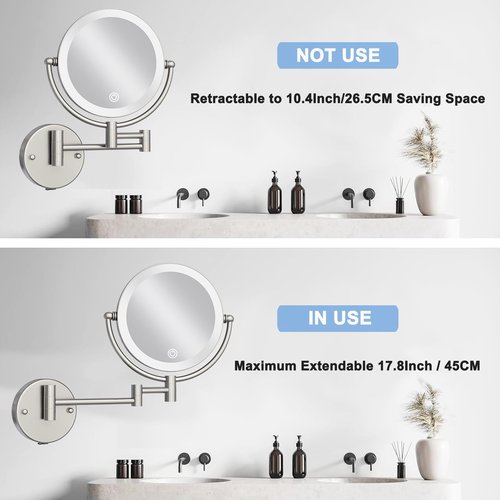 LEDOOLE Rechargeable Wall Mounted Lighted Makeup Vanity Mirror with Magnification, 8 Inch Double-Sided 10X Magnifying Bathroom Mirror, Light up Mirror Foldable, Vibrant Brushed Nickel
