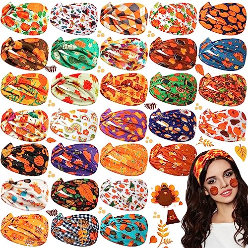 Giegxin 30 Pcs Fall Thanksgiving Headbands for Women Bulk Fall Pumpkins Headbands Autumn Hairband Elastic Non Slip Hair Accessories for Women