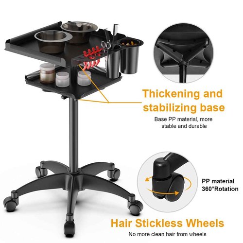 Rolling Salon Tray on Wheels with Braiding Hair Platform, Metal Salons Tray Cart with 2 Magnetic Bowls, Hairstylist Tray for Salon Station, Height Adjustable Salons Trolley Cart for Salon&Spa Use