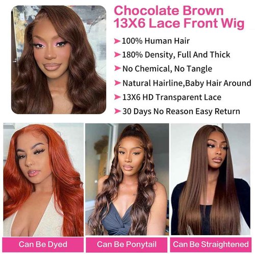 abbildung 28inch Chocolate Brown Lace Front Wig Human Hair 13x6 HD Transparent Body Wave Lace Front Wigs Human Hair Pre Plucked Glueless Frontal Brown Wig Human Hair 180% Density #4