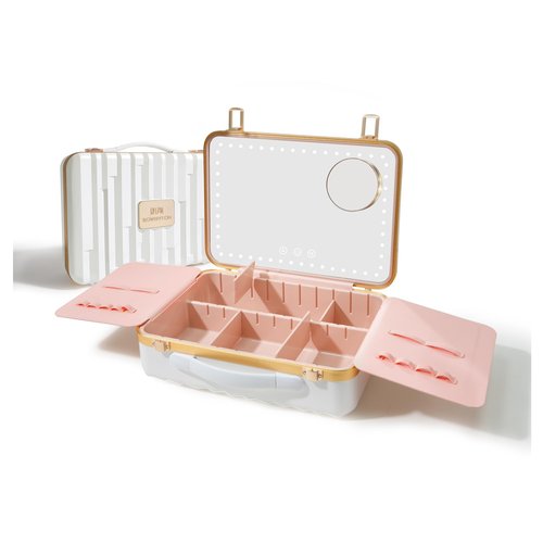 ROWNYEON Portable Travel Makeup Case With Light Up Mirror & Removable Divider - Train Case Organizer for Girls & Makeup Artist, Hairstylist - 10x Mirror (White)
